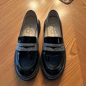 Jessica Simpson black patent leather loafers with rhinestones
